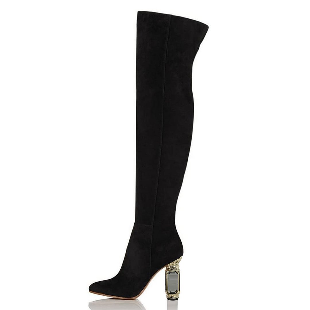Full Color Suede Pointed Toe Boots Gemstone Decorative Heel Thigh High Boots Nicepairs