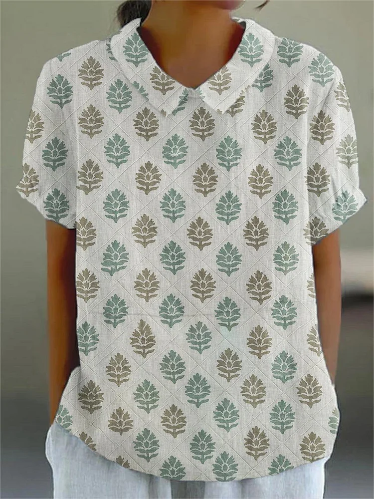 Women's Abstract Geometry Art Pattern Print Casual Cotton And Linen Shirt