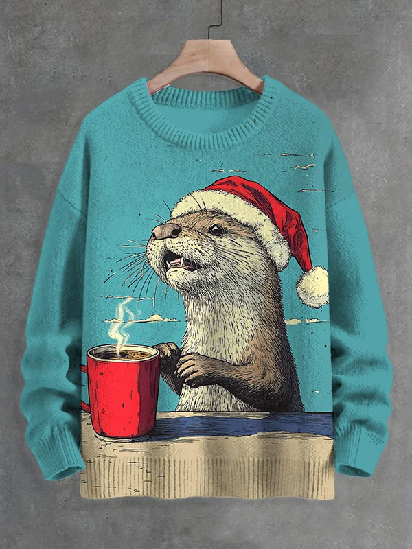 Men's Christmas Otter Drinking Coffee Art Print Knit Sweatshirt