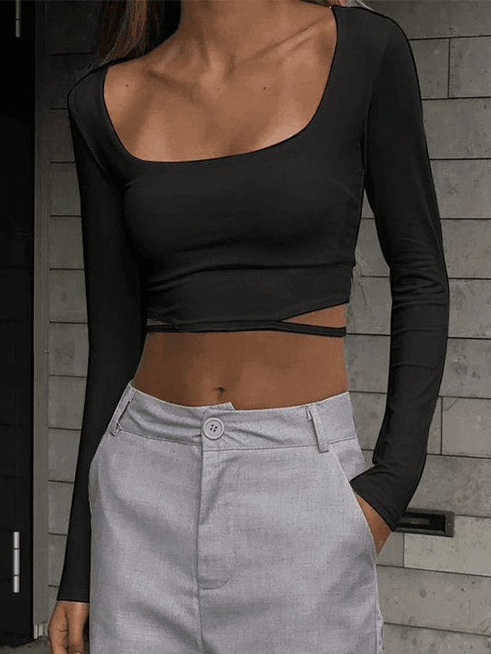 Brownm Simple Cutout Long Sleeve Crop Top