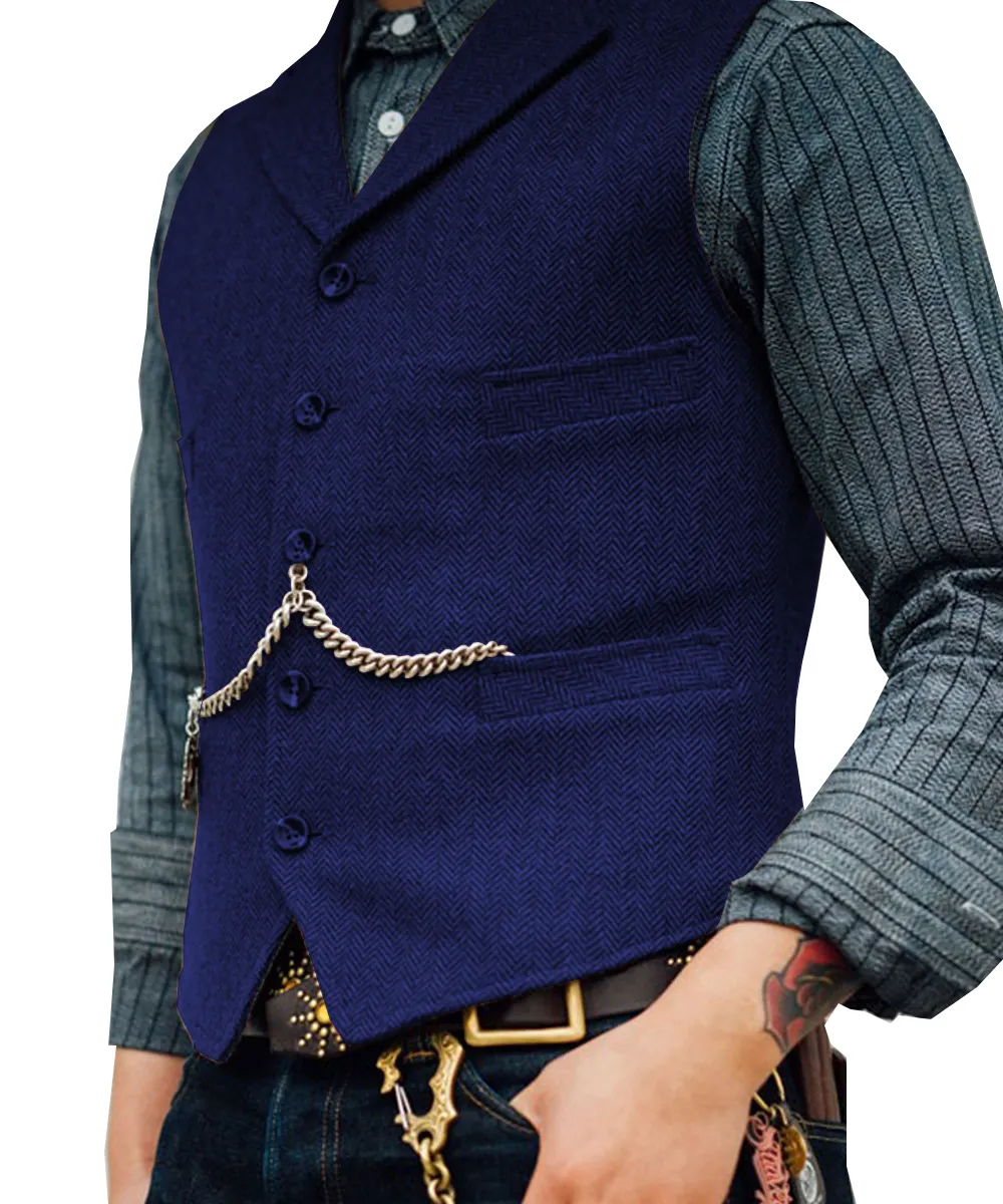 Men's Lapel V Neck Wool Herringbone Casual Waistcoat Formal Groomsman Business Suit Vest For Wedding