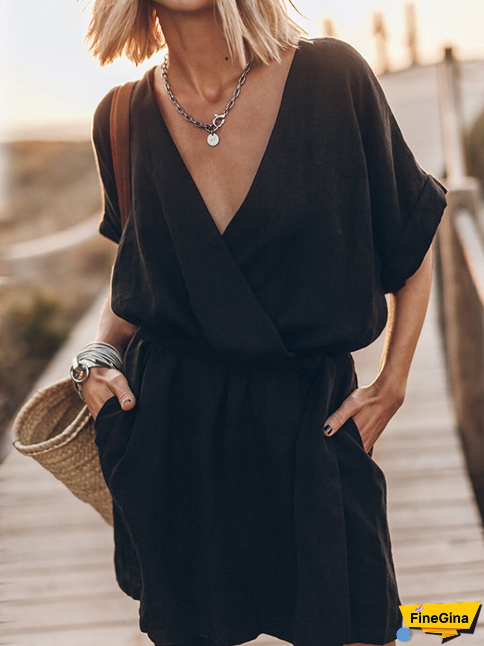 Breezy Leisure Pocketed Charming Belt Kimono Mini Dress