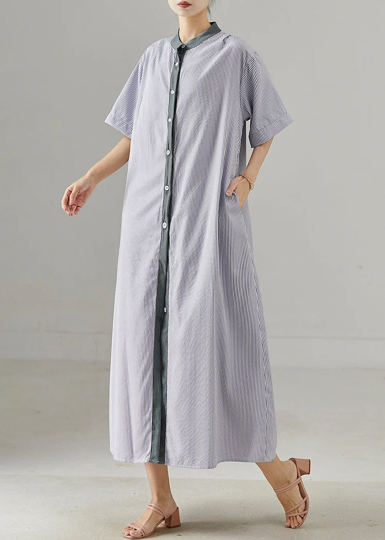 Modern Grey Stand Collar Striped Cotton Shirt Dress Summer