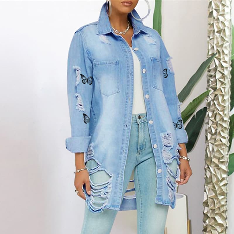 Llyge Women's Denim Jacket Street Daily Holiday Spring Summer Long Coat Casual Streetwear Jacket Long Sleeve Solid Color Stylish llyge