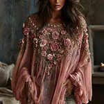 Women's Romantic Floral Embroidered Art Print Flowy Linen Blend Casual Tops - Image 2