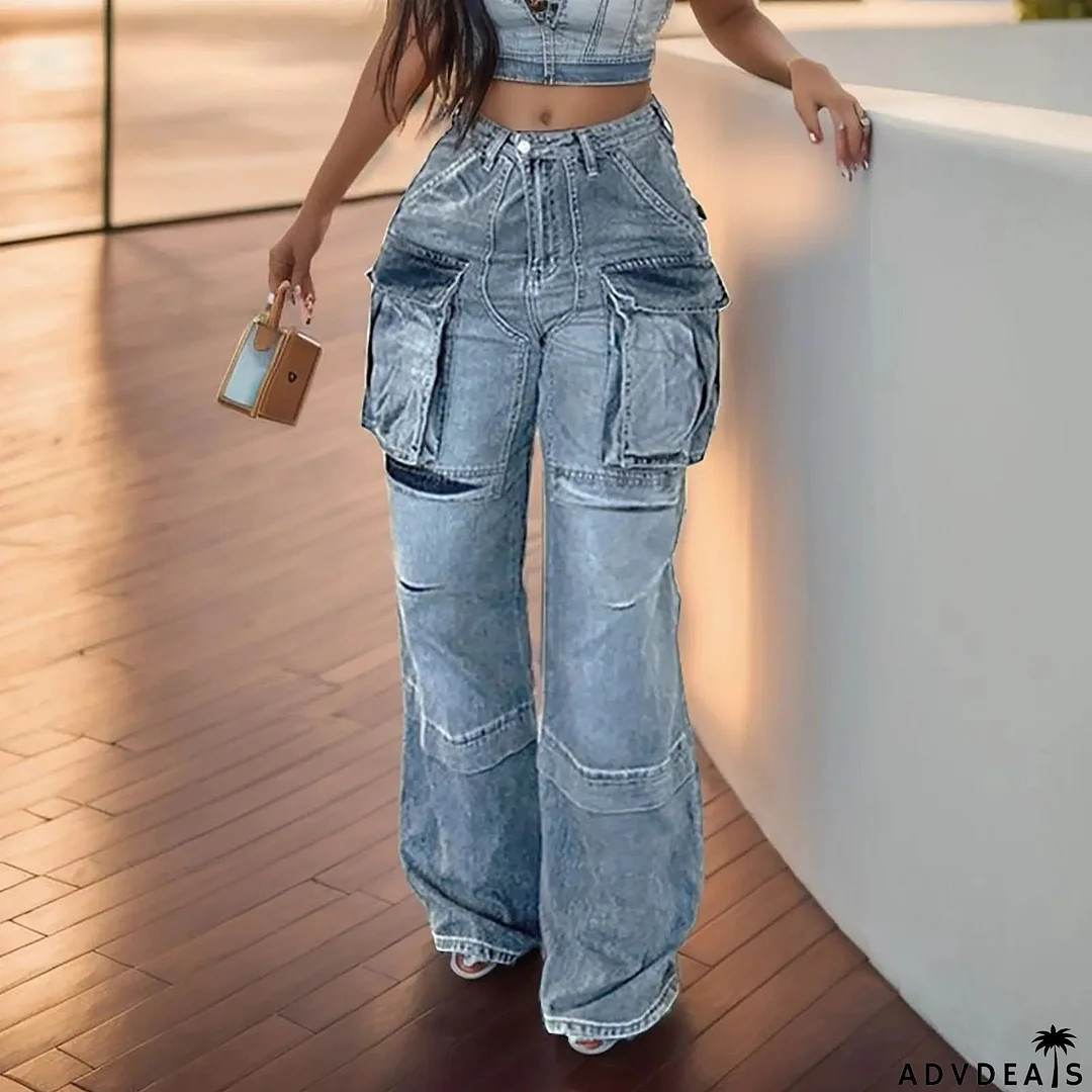 Street Patchwork High Waist Straight Leg Jeans
