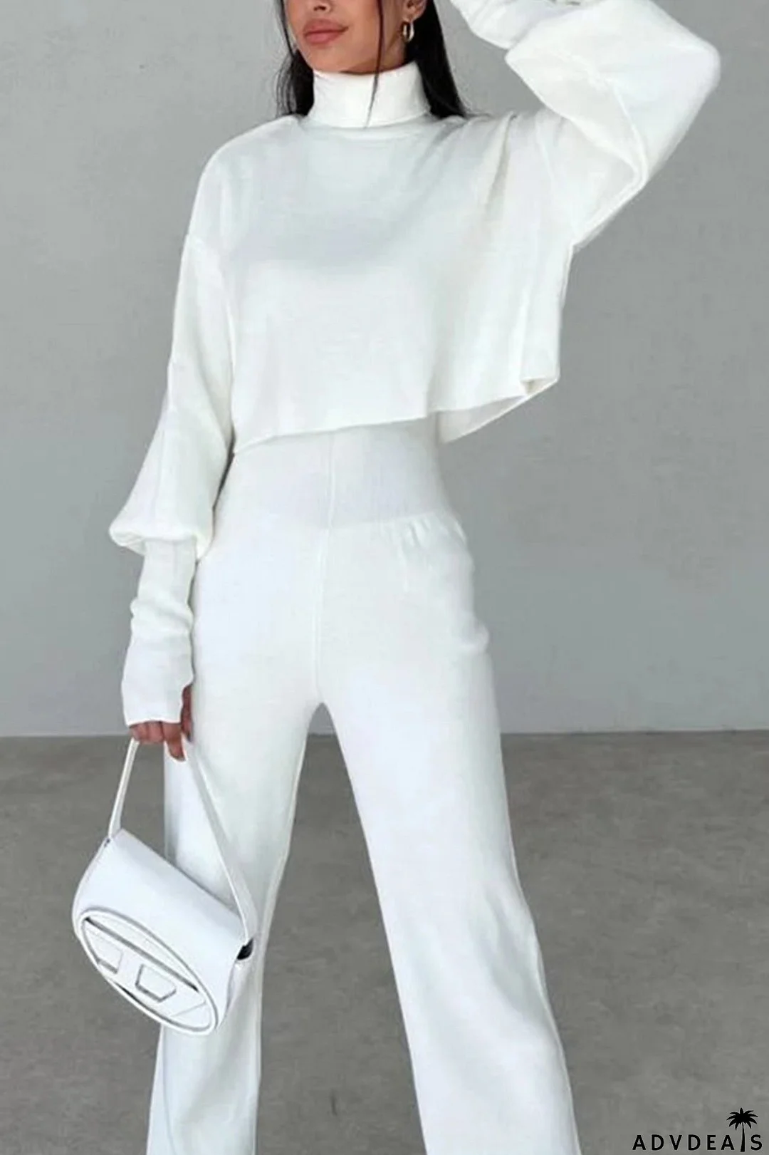 Solid High Neck Crop Top Long Pants Set