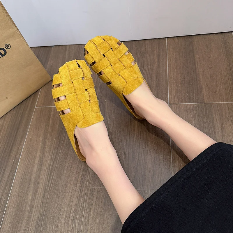 Yyvonne Woven Bun Head Half Slippers Women's Shoes Wear 2025 New Summer Pedal Soft Bottom Boaster Boofs