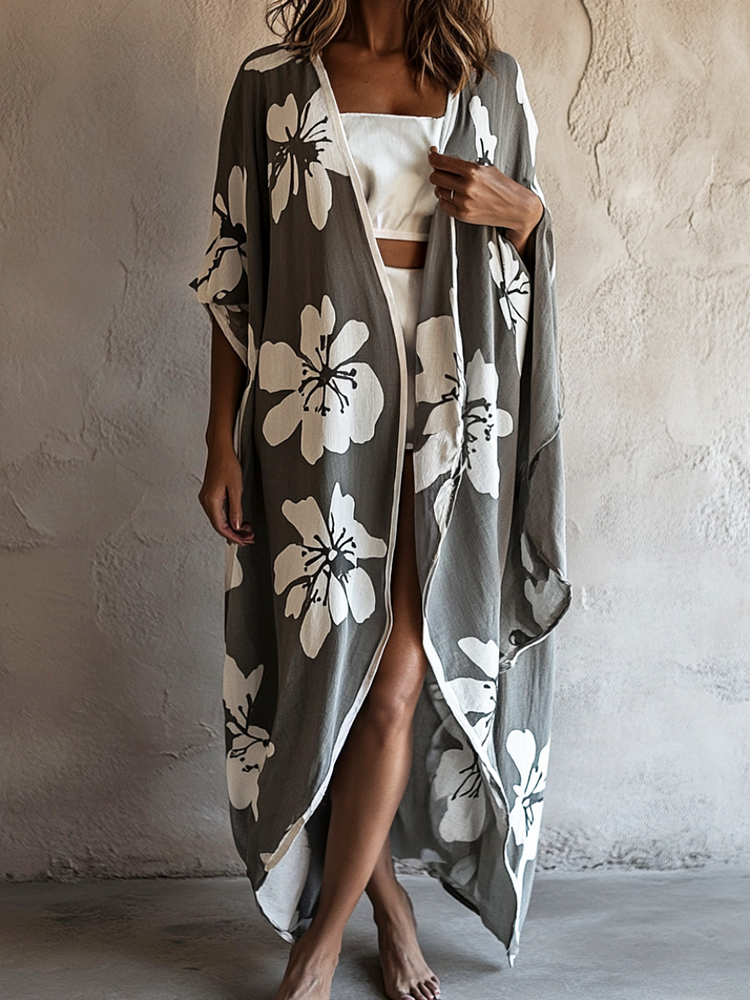 Elegant White Flower Linen Robe