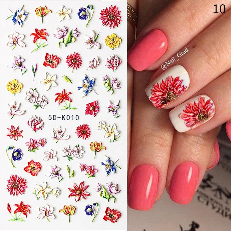 1PC French 5D Nail Sticker Embossed Flower Bubble Pattern Self-Adhesive Slider Wedding Design Nails Decals Nail Art Decoration-Nail Inspo