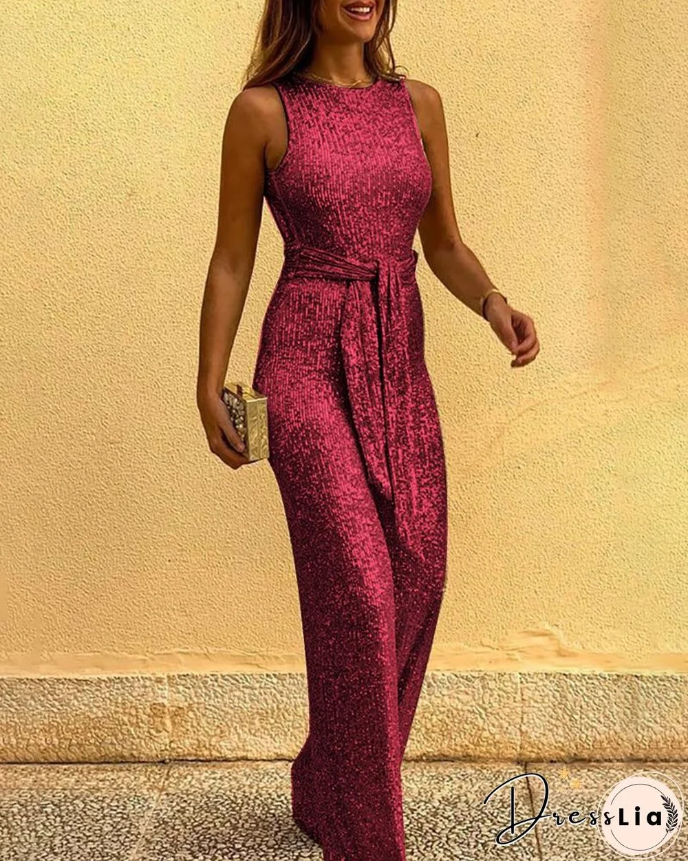 Glitter Round Neck Sleeveless Backless Sequins Jumpsuit