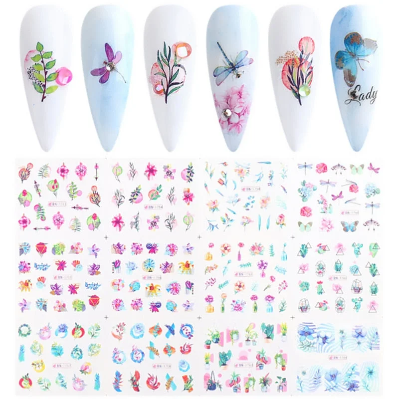 Nail Stickers 12Pcs/Set Water Transfer Summer Ice Cream Coconut Tree Fruit Designs Nail Decal Decoration Tips For Beauty Salons-Nail Inspo