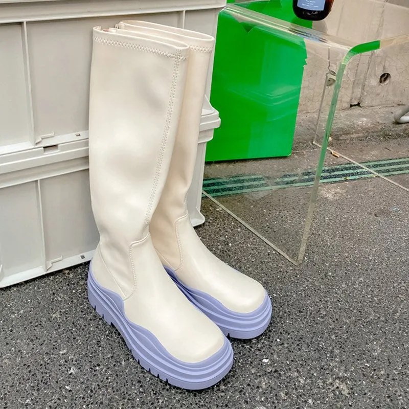 Chunky Heels Platform Long Boots For Women 2021 Autumn Winter Ladies Knee High Boots Candy Colors Female Soft Leather Shoes New