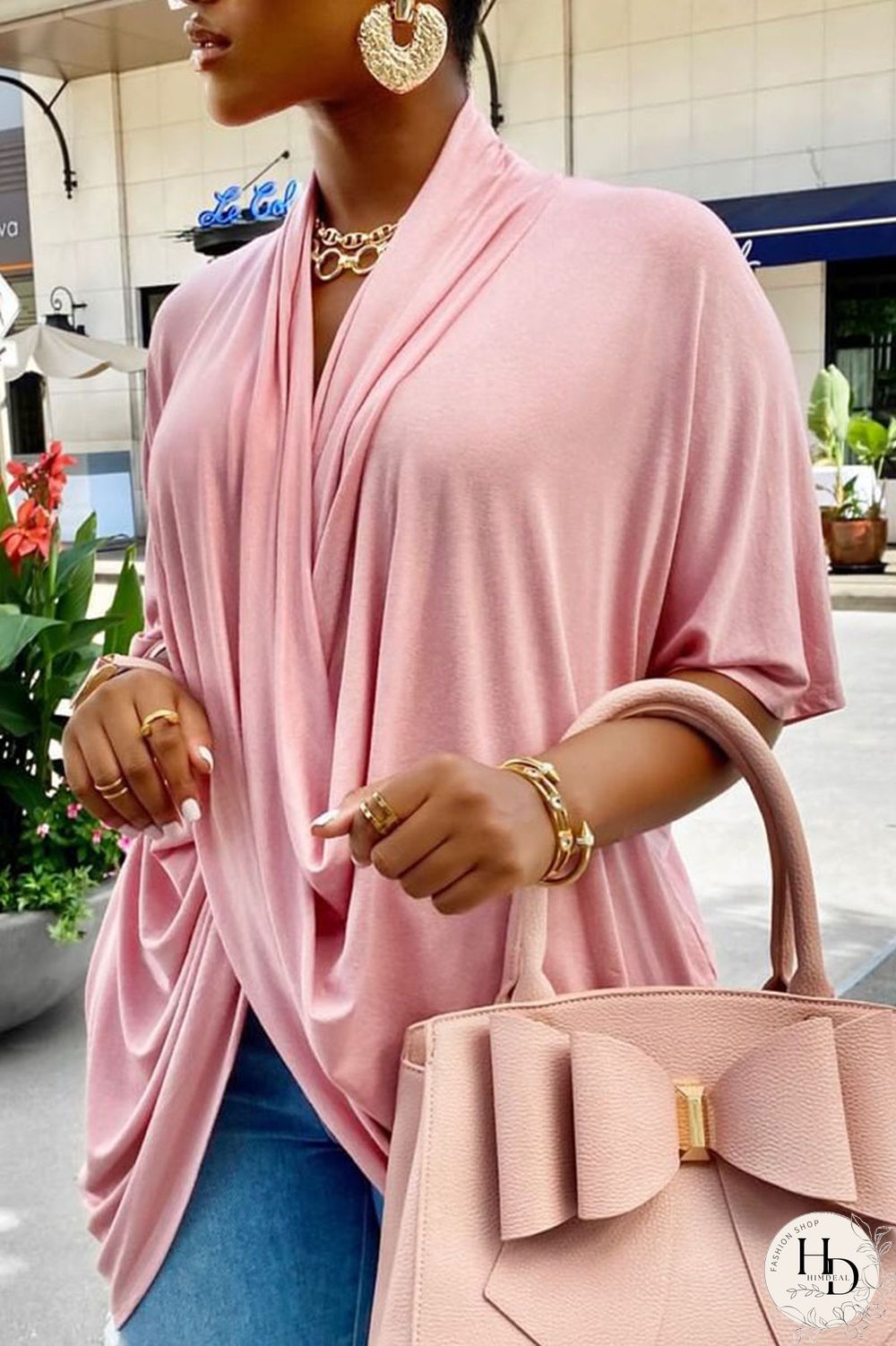 Blue Casual Solid Patchwork Fold Asymmetrical V Neck T-Shirts