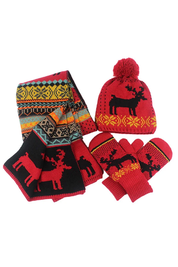 Reindeer&Snowflake Knit Christmas Beanie Gloves&Scarf 3Ps Set Red-elleschic