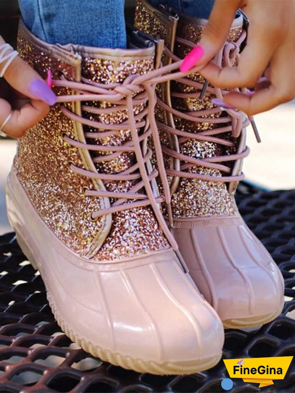 Glitter Leopard Contrast Panel Duck Bill Rain Boots