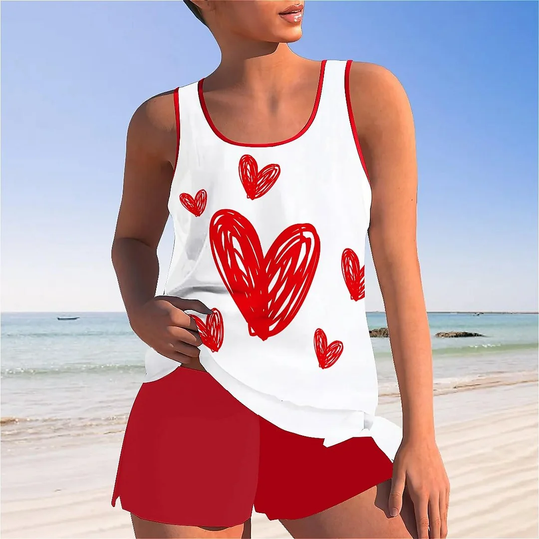 Bowknot Heart,Love,Valentine's Day Mid Waisted Tankini Set - Plus Size Available