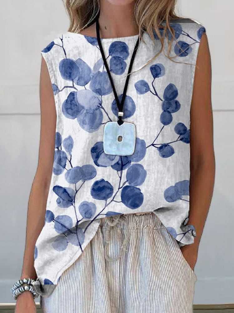 Comstylish Women's Retro Botanical Floral Print Casual Cotton Linen Tank Top