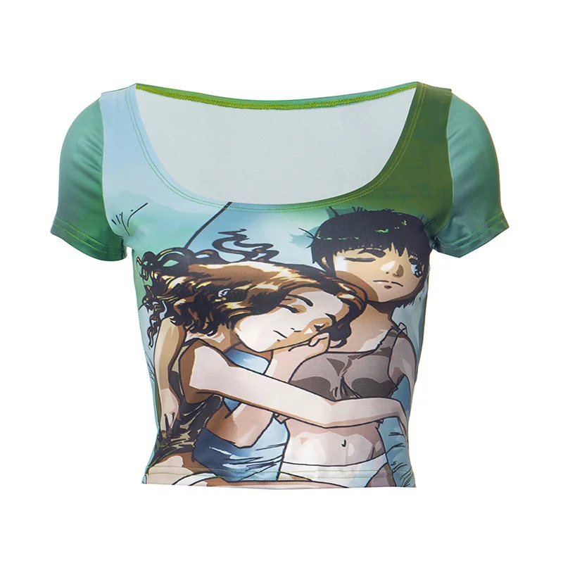 Uveng Uveng Women's Summer Fashion New 3D Digital Printed Short Sleeve U-Necked U-Necked U-Necked Umbilly T-Shirt