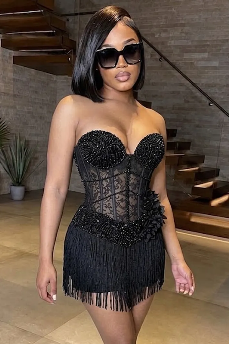 Rhinestone Strapless Lace Patchwork Fringe Mini Dresses-Black [Pre Order]