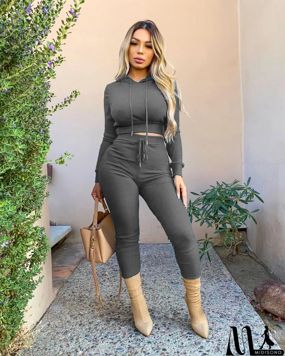MidiSono - Autumn Knitted Solid Stretchy Hoodie Sweatpants Two Piece Set