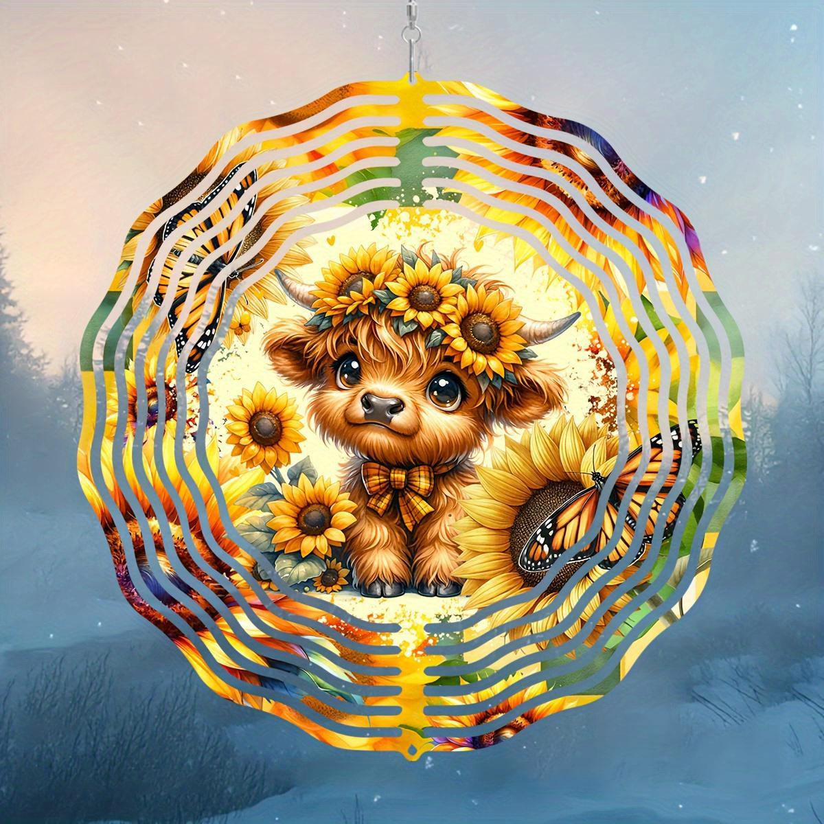 Tegooe Tegooe Highland Cow Sunflower Metal Wind Spinner 2D Laser-Cut Hanging Outdoor Garden Art Patio Decor