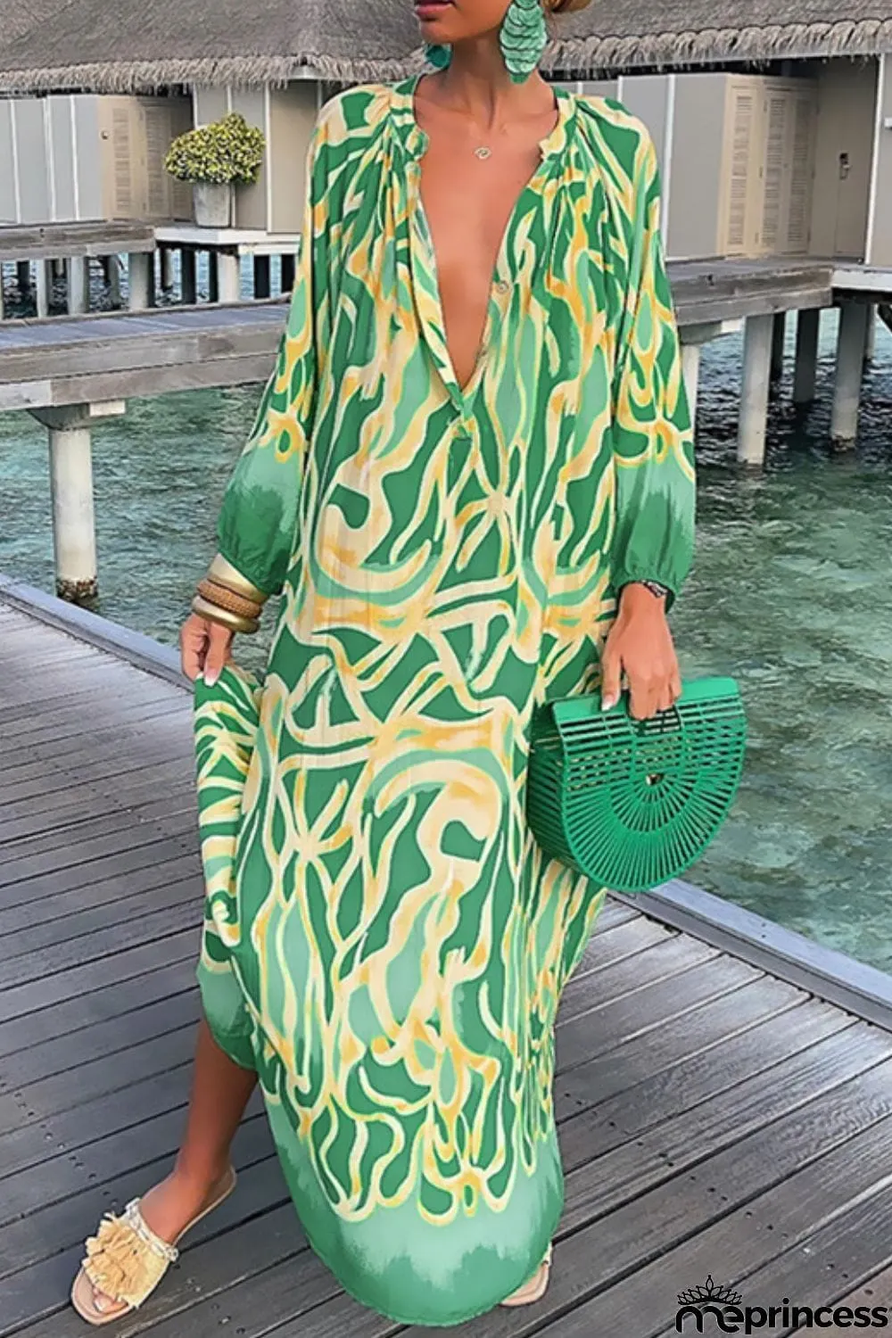 Abstract Print Buttoned Balloon Sleeve Dress
