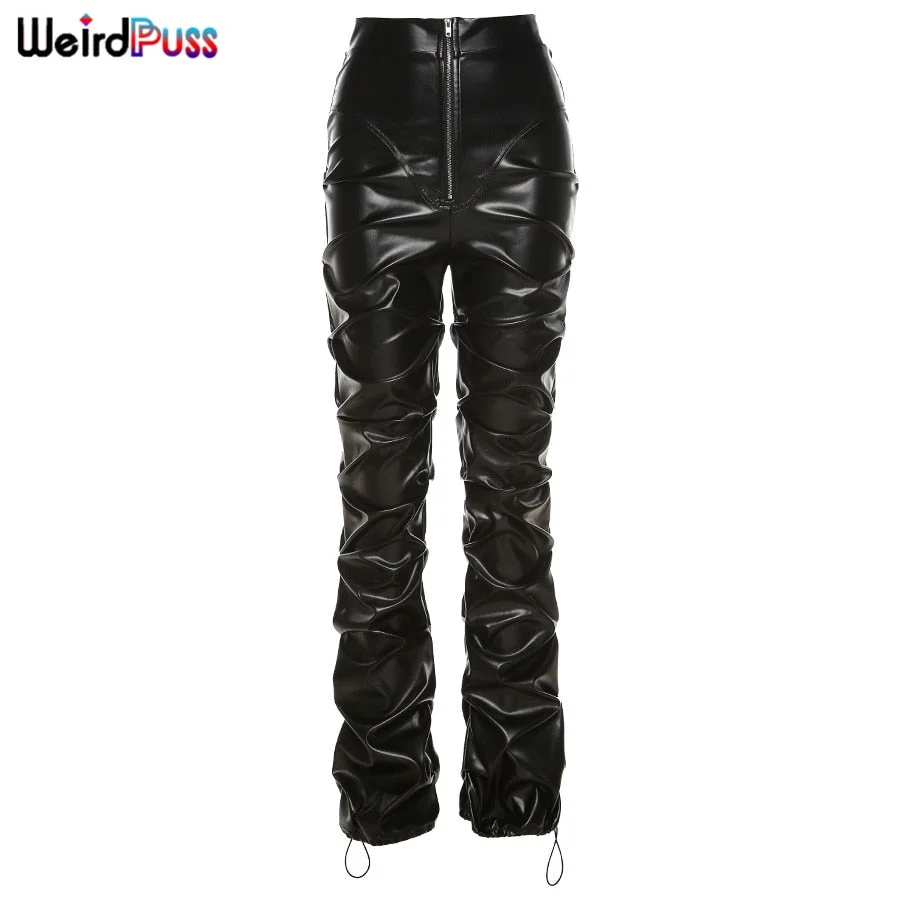 Weird Puss Faux Leather Pants Cyber Y2K Vintage Stacked Zipper Side Slit Drawstring Pencil Pants Trend Streetwear Slim Outfits