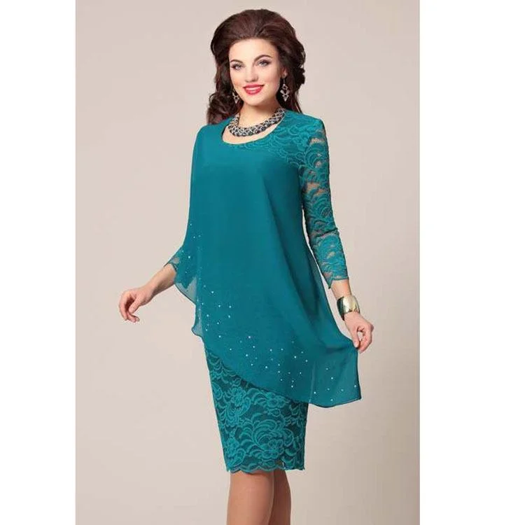 Plus Size Dresses Lace Floral 3/4 Sleeve O-Neck Prom Dress