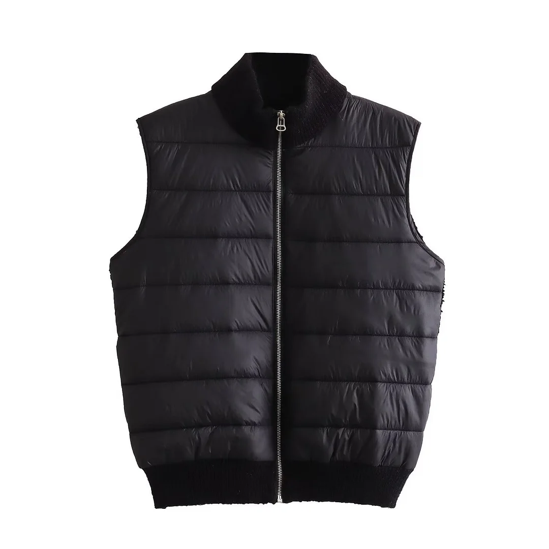 Woherb Woherb New Women's Versatile Striped Standing Collar Zipper Sleeveless Padded Jacket Patchwork Knit Vest-Outfit Ideas