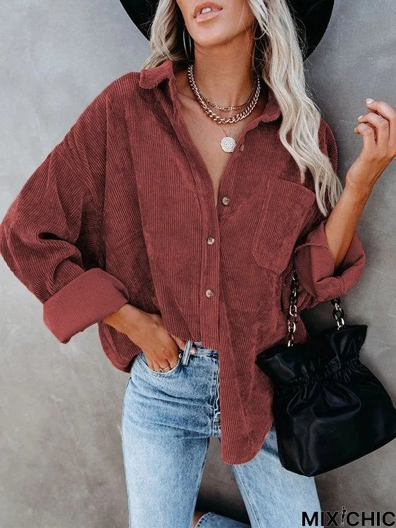 Casual Corduroy Plain Shift Shirts & Tops