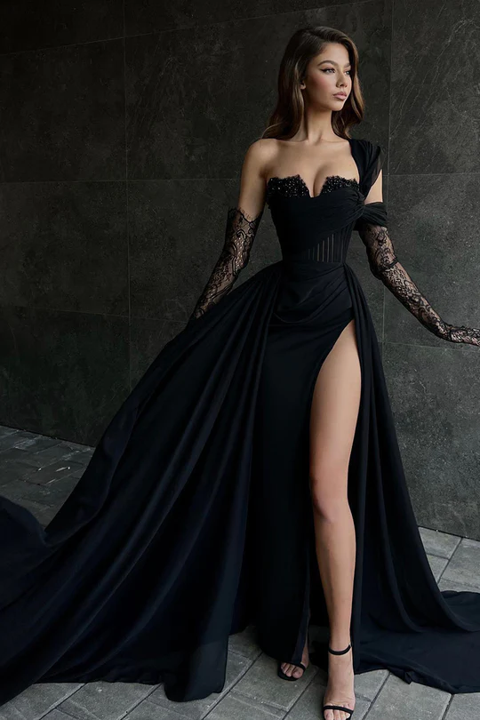 Oknass Stunning Black One-Shoulder Split Beaded Long Prom Dress With Lace Sleeves