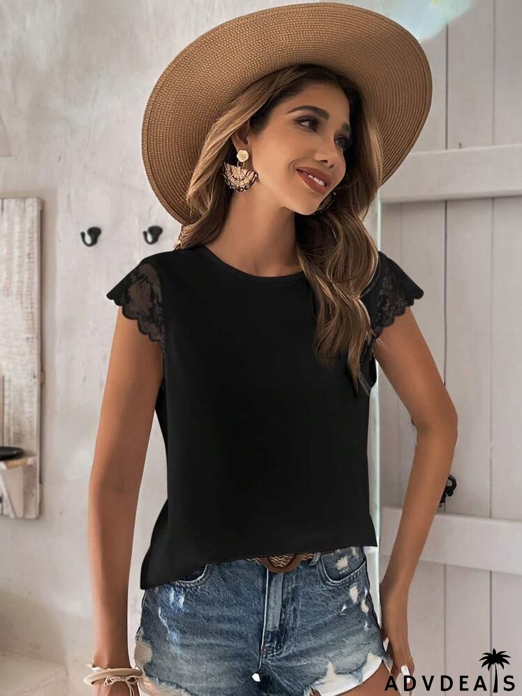 Contrast Lace Tie Back Ruffle Trim Blouse