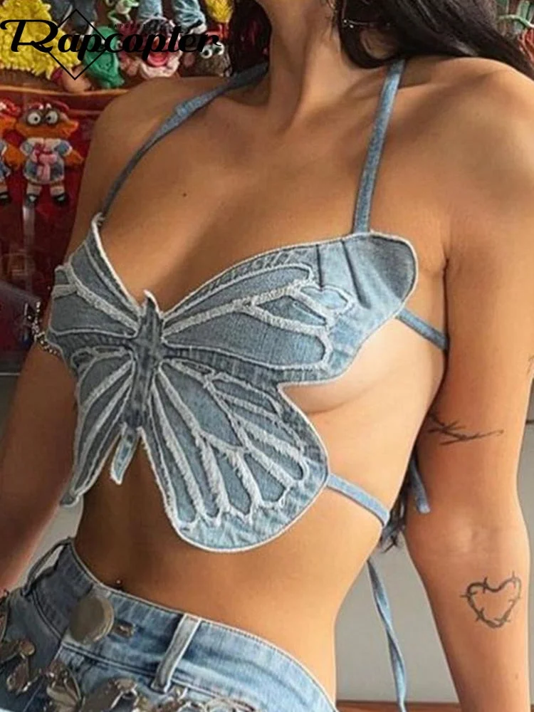 Billlnai  Y2k Butterfly Jeans Crop Top Backless Strap Camis Sexy Blue Cute Party Sweats Women Beach Holiday Mini Vest Summer Tee
