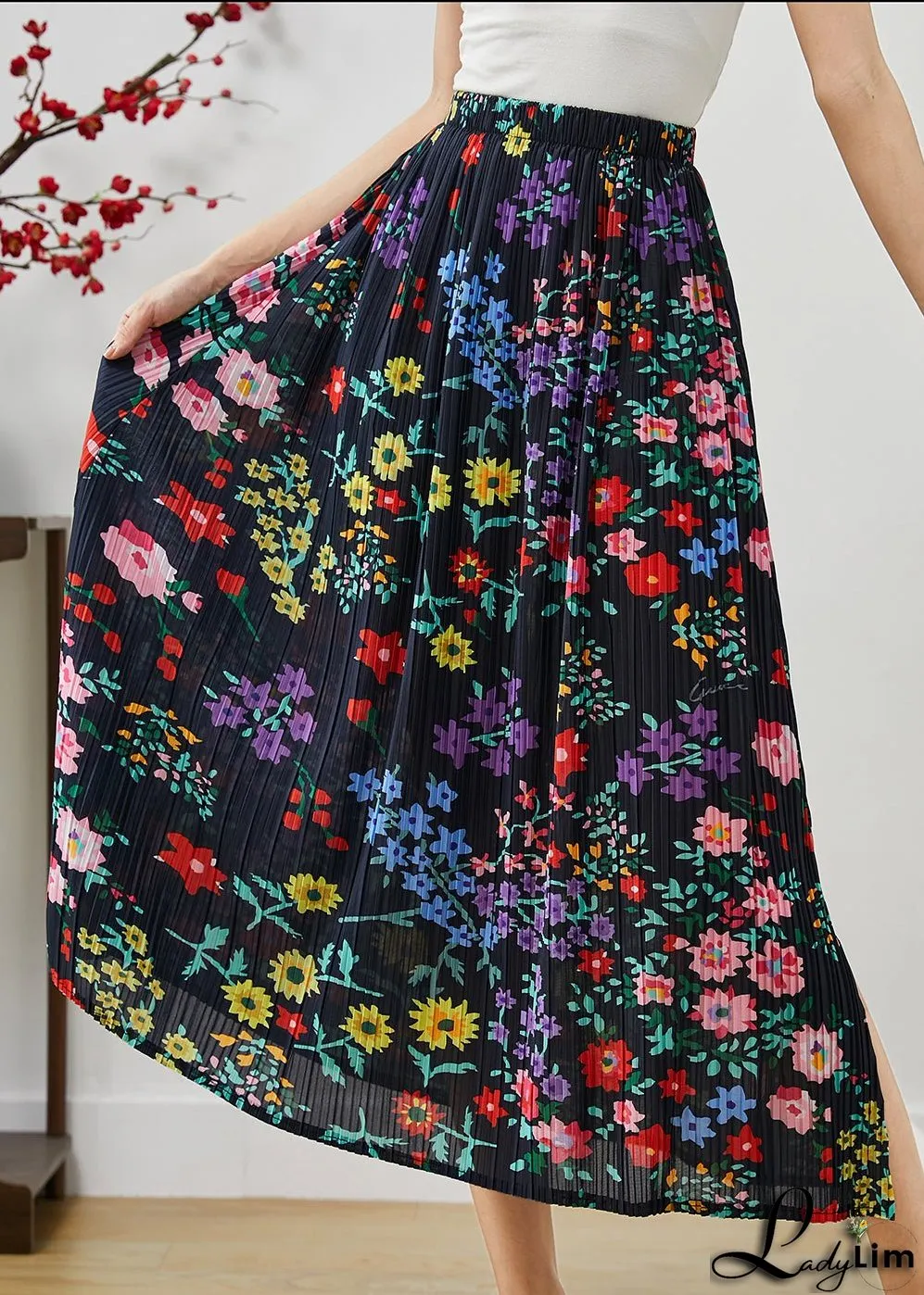 French Black Print Side Open Cotton Vacation Skirts Summer