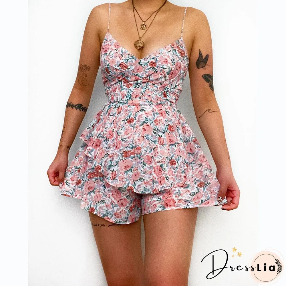 Sexy Flower Print Summer Women Playsuits New Strapless Backless Folds Strap Shorts Jumpsuit Waist Skinny Slim Mini Rompers