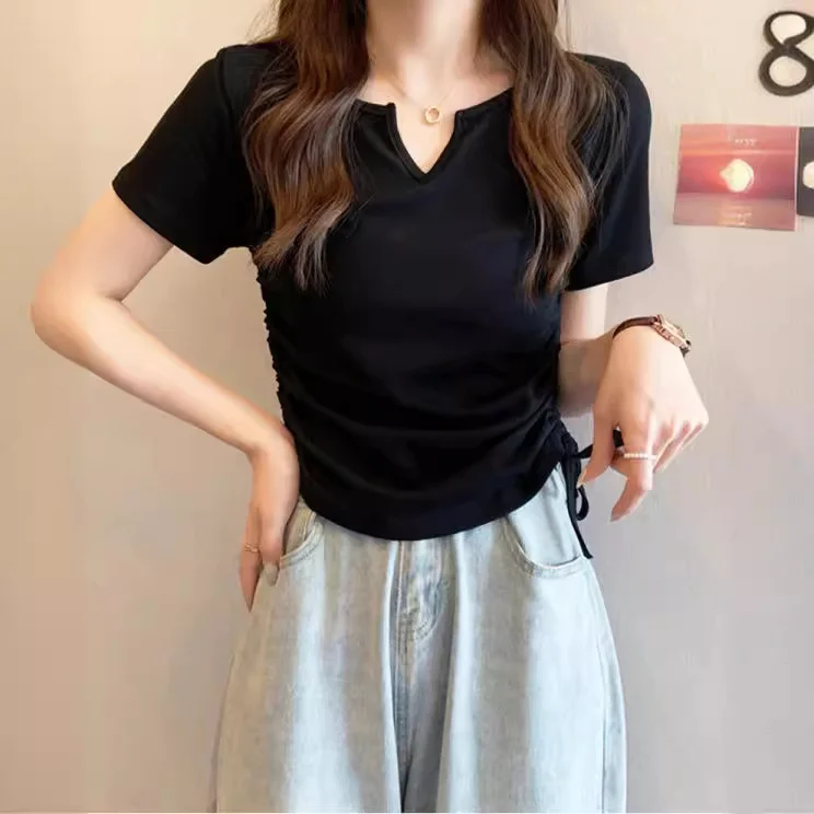Uveng Uveng Sense V-Neck Draw Rope Slim Pure Desire Wind Short Sleeve T-Shirt Women's Wear 2024 Summer New Solid Color Student Jacket Tide