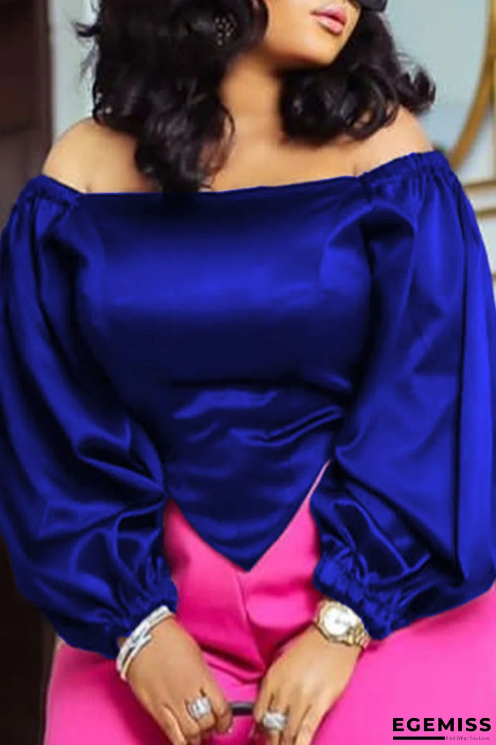Blue Elegant Solid Patchwork Asymmetrical Off the Shoulder Tops | EGEMISS