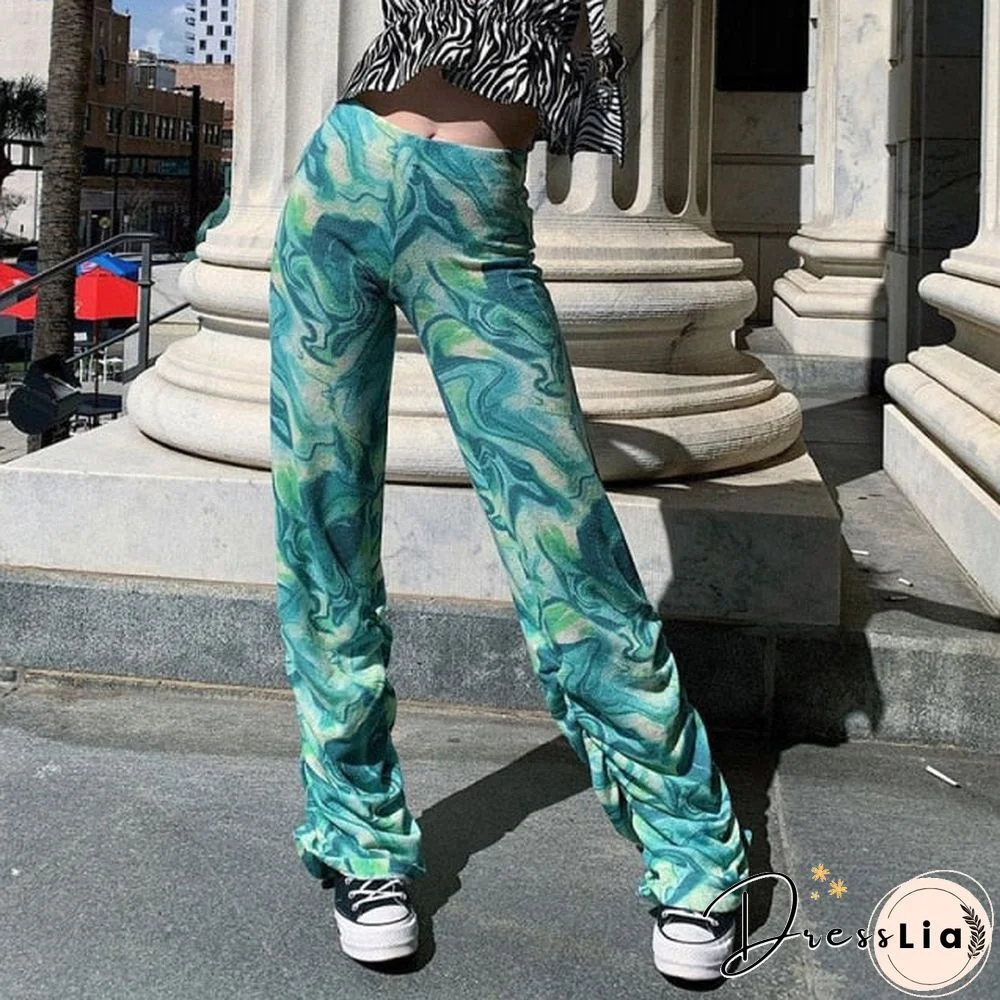 Stacked Pants Wide Leg Green Tie Dye Y2K Fashion Outfits Sweatpants Women Printed Flat Vintage High Waist Woman Trousers Summer