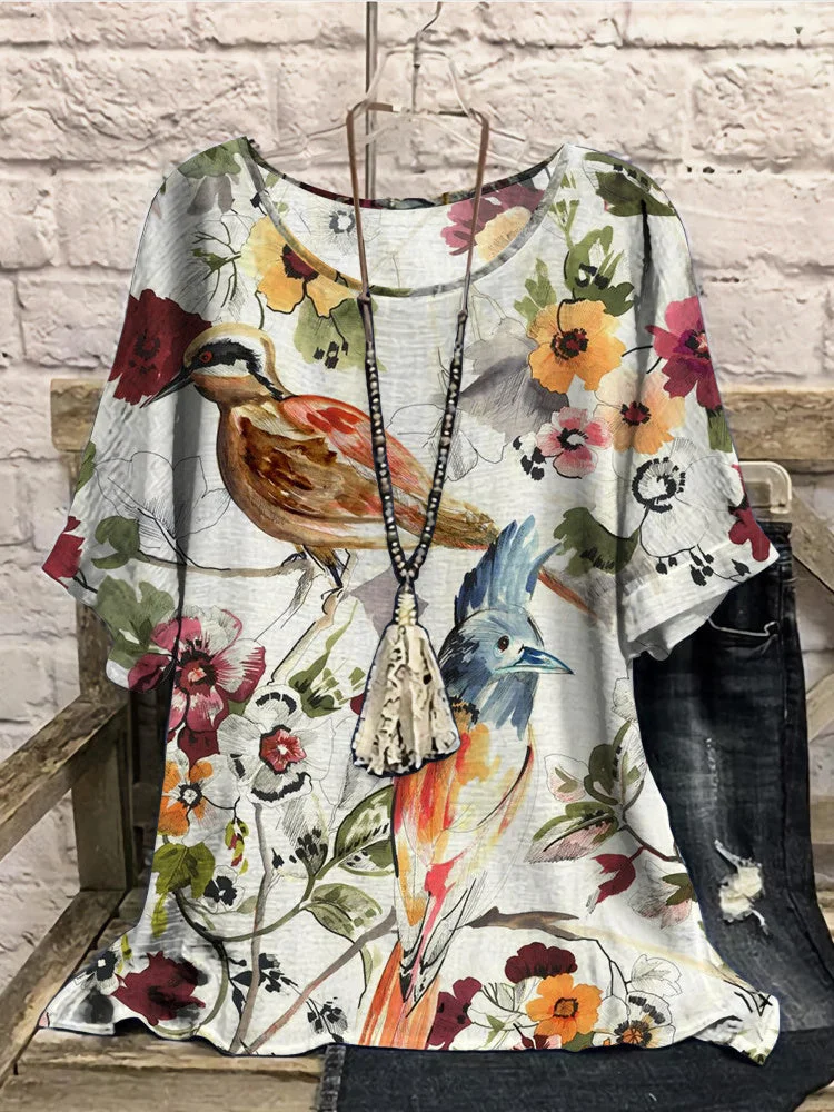 Women Half Sleeve Scoop Neck Graphic Floral Printed White Women Tops