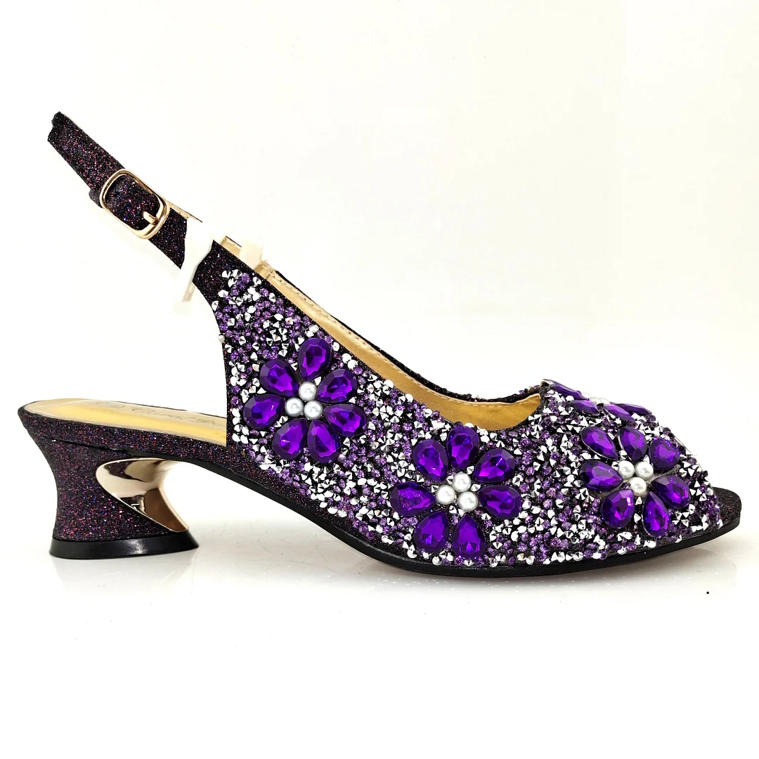 QSGFC 2022 Purple  Color Shiny Retro Alloy Mosaic Rhinestone Accessories Ladies Shoes and Bag Set for Party Wedding