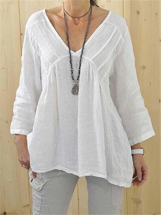 Cotton Linen V Neck 3/4 Sleeve Blouse
