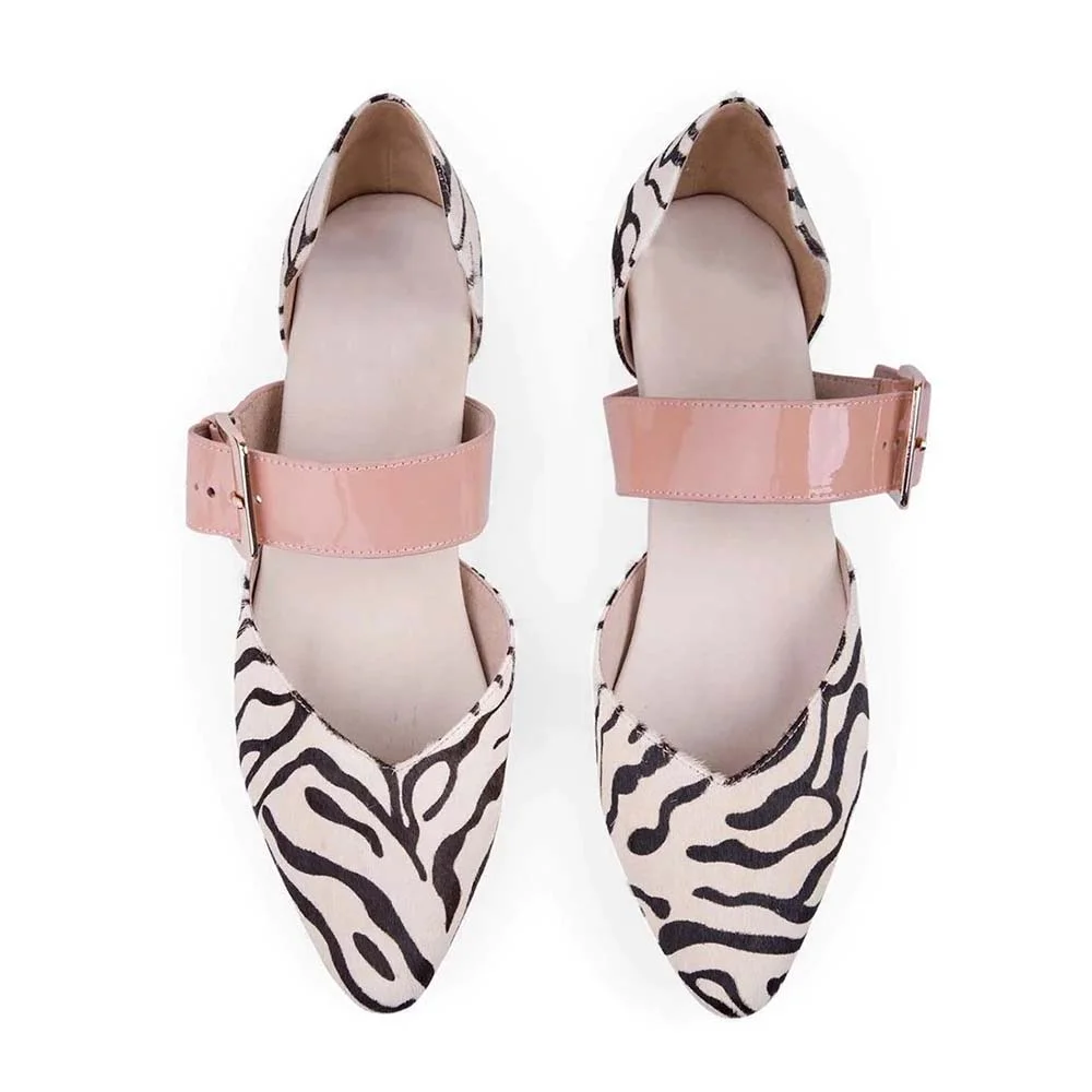 White & Black Zebra Striped Pointed Toe Suede Flats With Buckles Nicepairs
