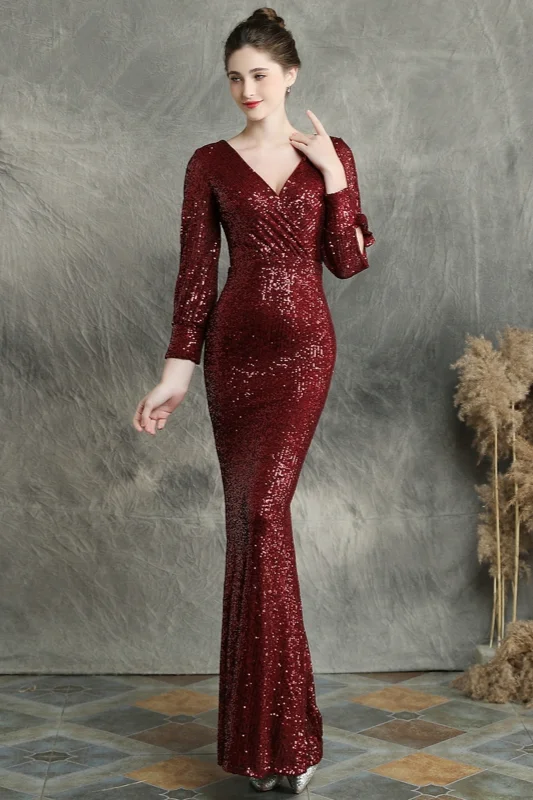 burgundy long sleeve sequins mermaid prom dress