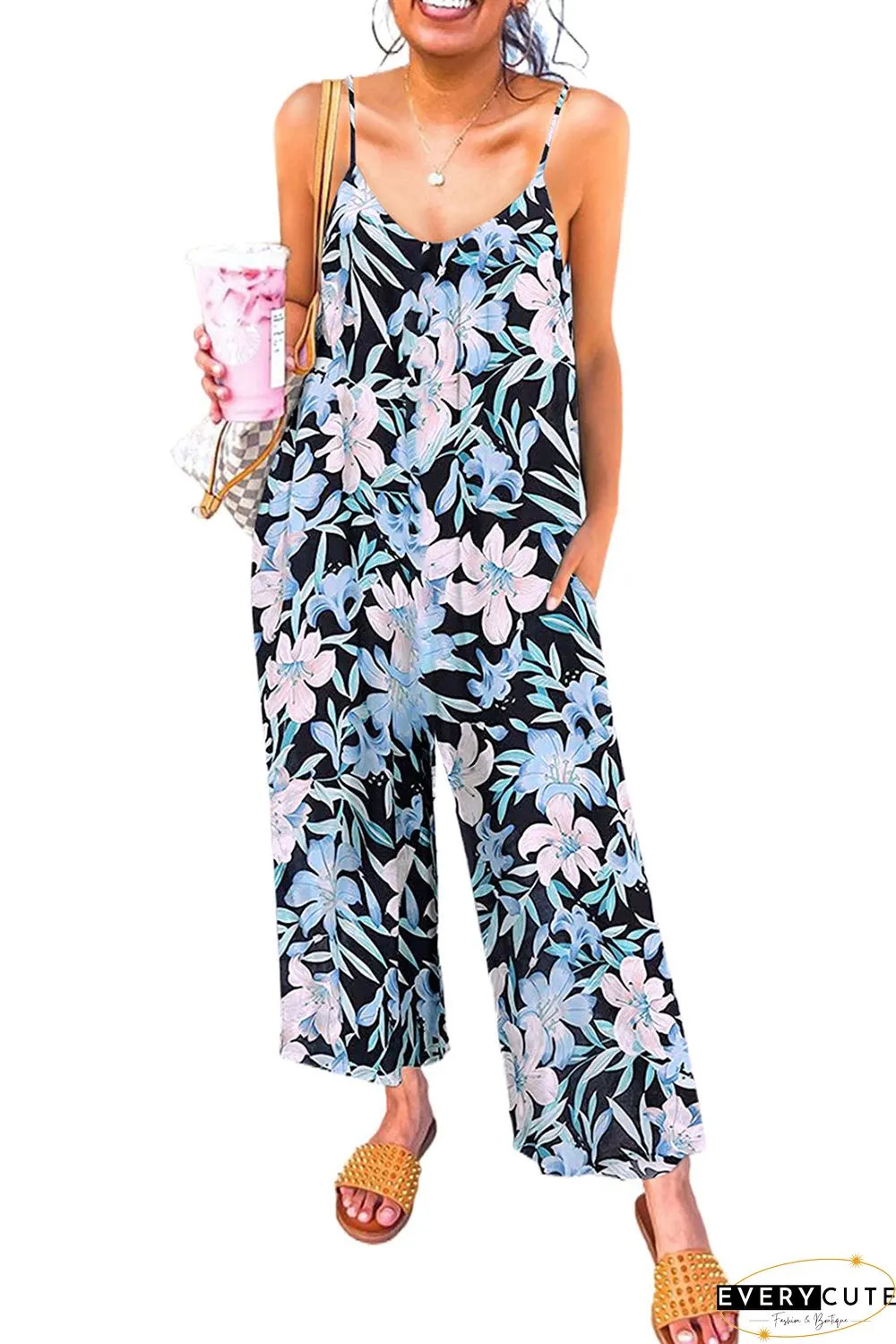 Print Spaghetti Strap Wide Leg Jumpsuit