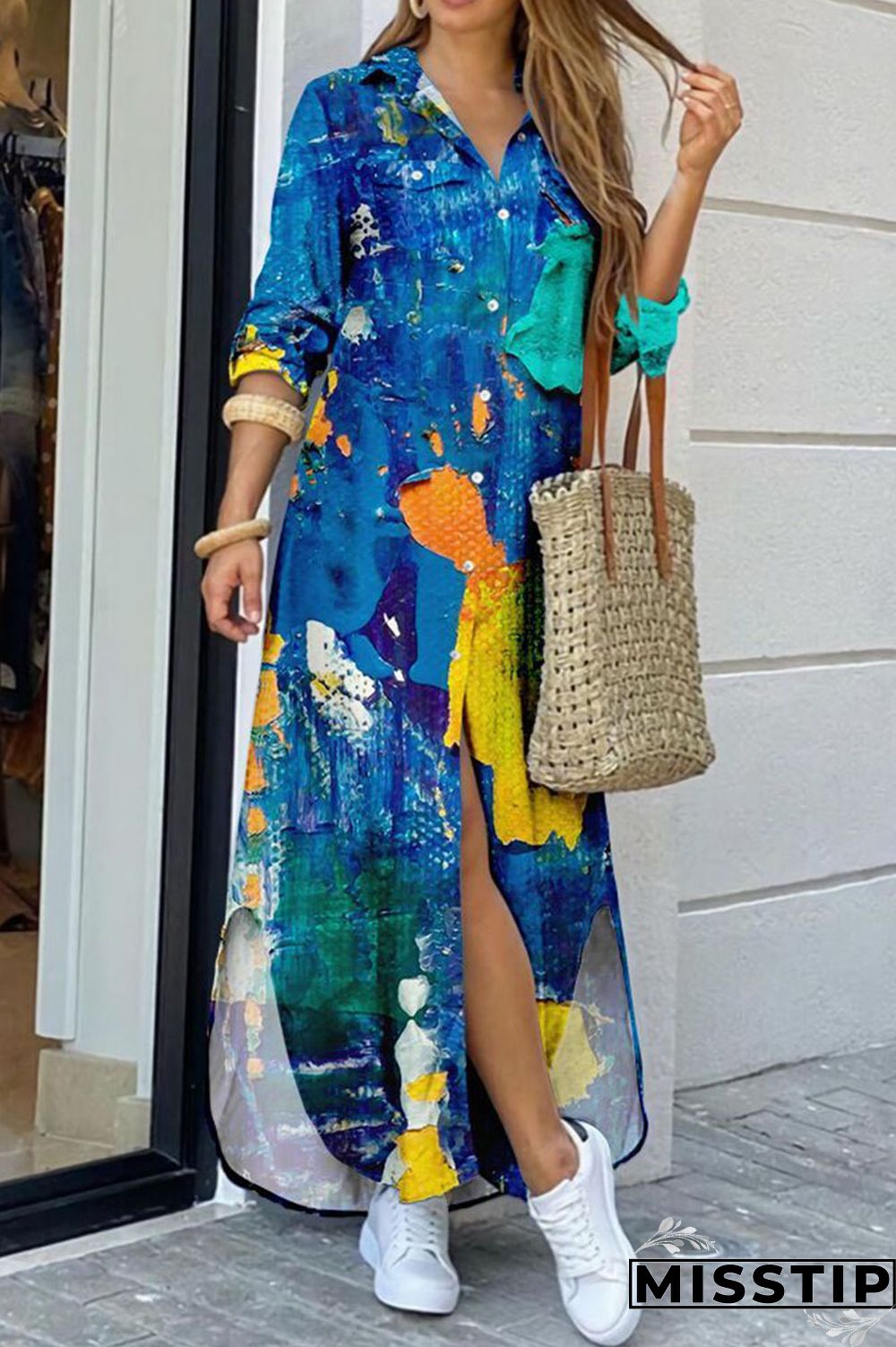 Blue Casual Print Patchwork Buckle Turndown Collar Shirt Dress Dresses