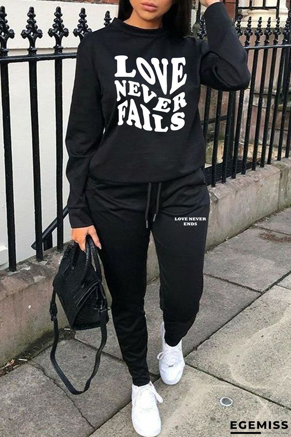 Black Casual Print Patchwork O Neck Long Sleeve Two Pieces | EGEMISS