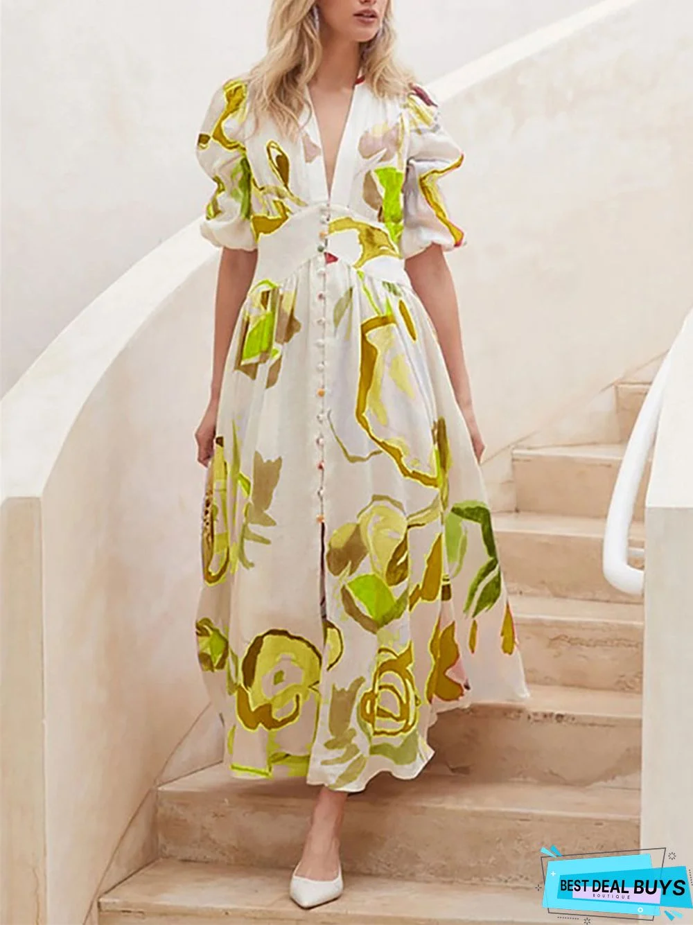 V-Neck Elegant Slim Print Dress