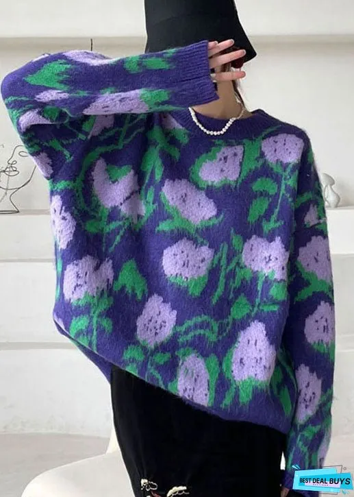 Vintage Purple Floral Knit Sweaters Winter