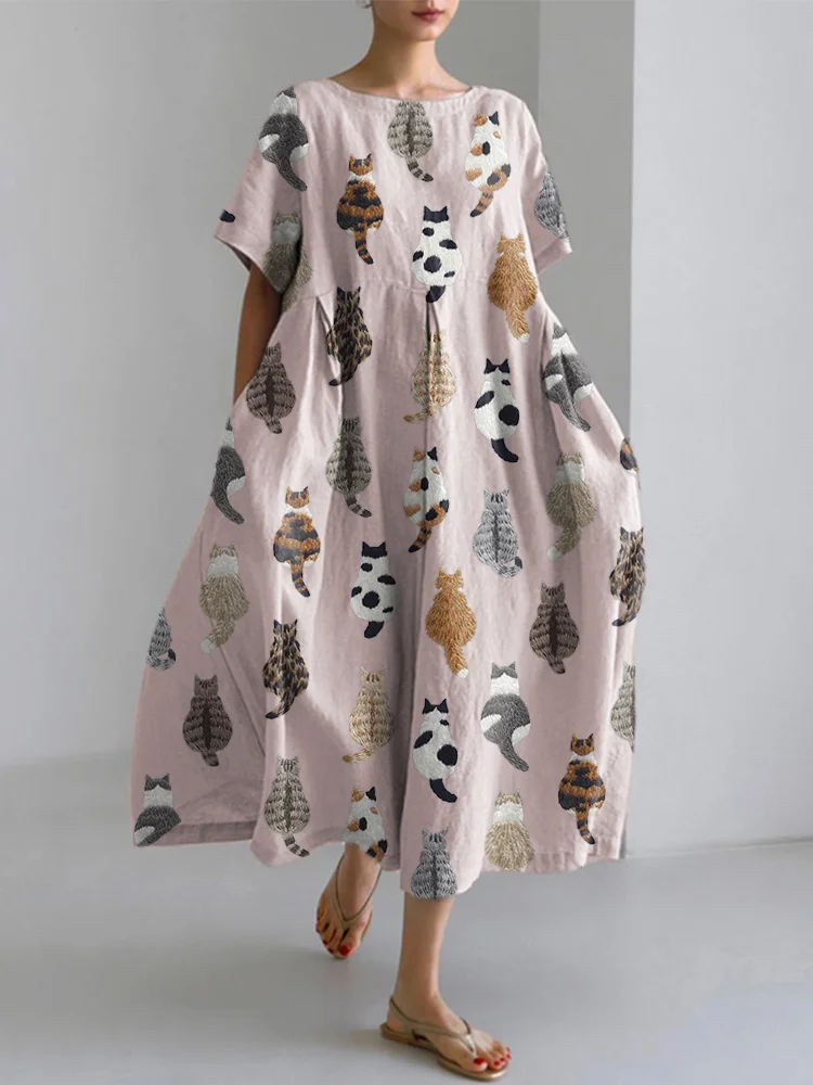 Cute Cats Embroidery Pattern Linen Blend Dress